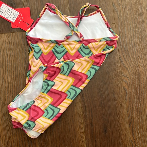 NWT Large one piece swim suit Bathing suit Adj straps red yellow and green lined - Picture 7 of 8